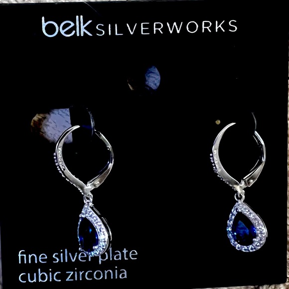 NWT Silverworks Teardrop shaped silver dark blue cubic zirconia stone earrings - Picture 2 of 7